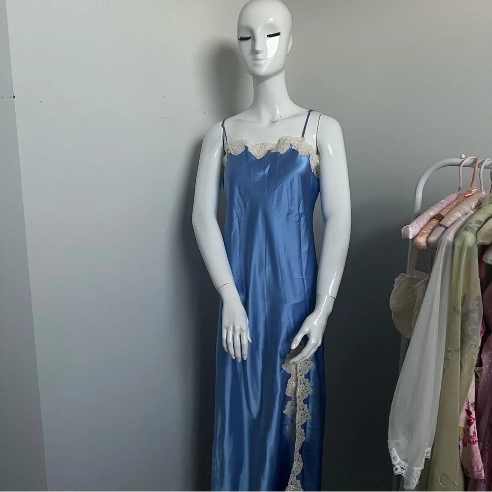 NWT Vintage Blue Satin Lace Trim Slip Dress 90s Lingerie Style Maxi Deadstock L - Picture 3 of 8